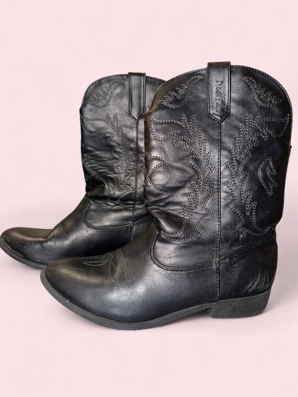 Girls Black Western Cowboy Boots Size 5 Embroidered Pull On